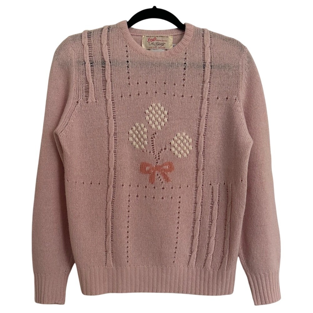 Vintage McGeorge Scotland 100% Pure Cashmere Floral Bow Sweater Pink 38 M
